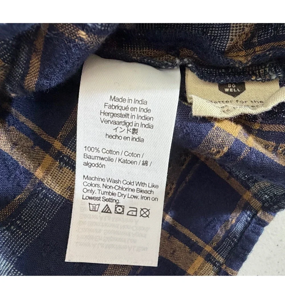 Madewell Sweetheart Wrap Top XS Blue Plaid Puff Sleeve‎ Cotton Dobby Textured